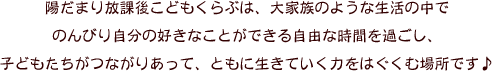 陽だまりの放課後こどもくらぶは、大家族のような生活の中でのんびり自分の好きなことができる自由な時間を過ごし、子どもたちがつながりあって、ともに生きていく力をはぐくむ場所です♪